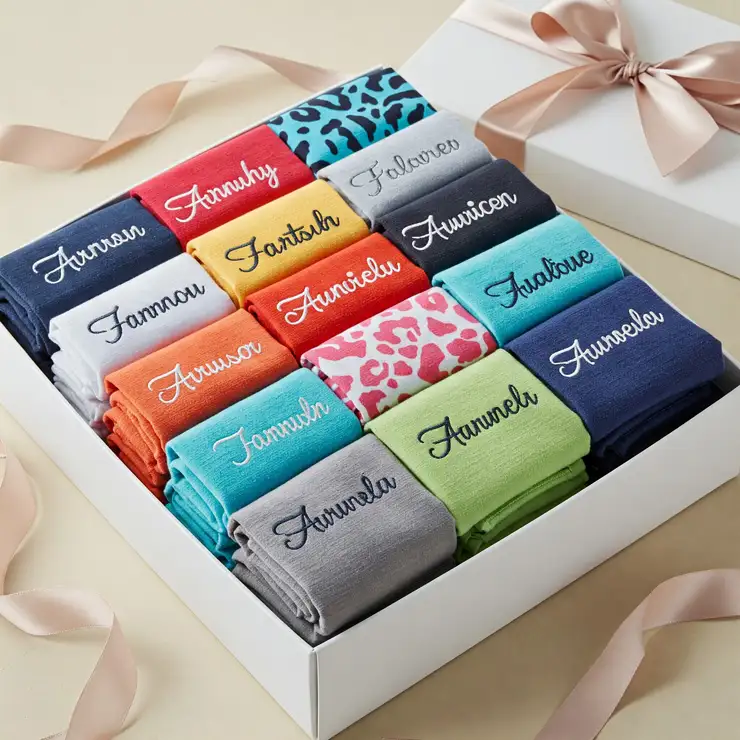 Several folded personalized cooling towels in gift packaging, suggesting them as thoughtful presents.