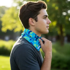 Individual applying a personalized cooling towel to their neck for quick heat relief on a hot day.