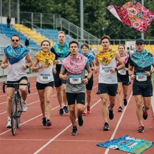 Group of athletes wearing personalized cooling towels during an outdoor sporting event to stay cool.
