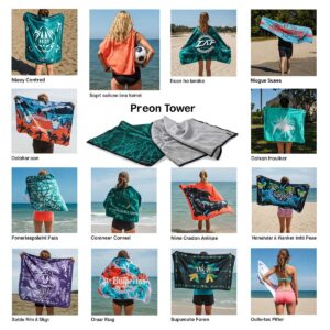 Display of various design options for personalized cooling towels, including logos and color choices.