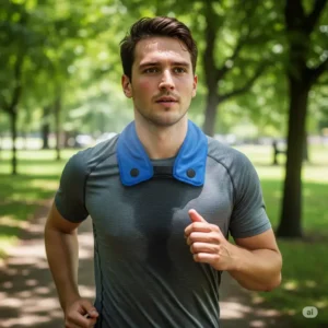 Person wearing a blue snap on cooling neck scarf while exercising outdoors, staying comfortable and cool.