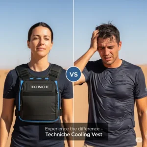 Visual comparison showing the enhanced comfort provided by a Techniche cooling vest in hot conditions versus not wearing one.