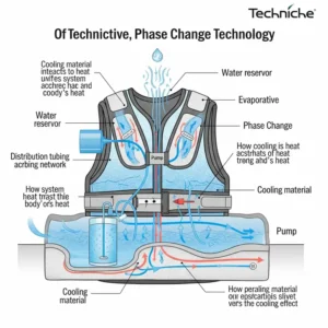 Diagram illustrating how the Techniche cooling vest works to keep the wearer cool through evaporative or phase change technology.