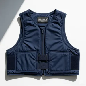 Detailed flat lay image of a Techniche cooling vest, showcasing its durable fabric, quality stitching, and premium construction.