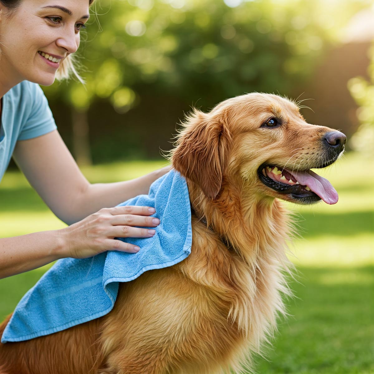 Person gently placing a wet cooling towel on the back of a dog to keep it cool.