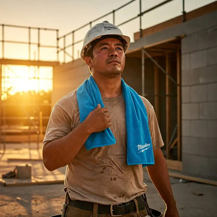 Person using a Milwaukee cooling towel around their neck after outdoor work