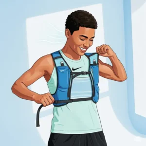 An illustration of a person easily putting on a Nike cooling vest, showcasing its adjustable fit and lightweight design for comfortable wear.