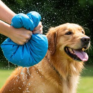 Close-up of a wet cooling towel being wrung out, ready to be used on a dog.