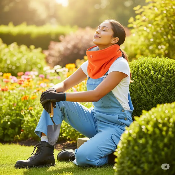 Outdoor worker staying cool and comfortable with a snap on cooling neck scarf during a hot day.