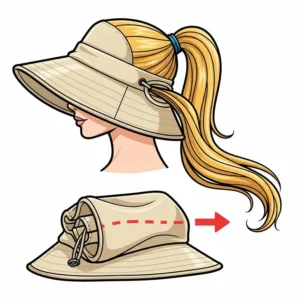 Drawing of someone in activewear easily using a sun hat with a dedicated ponytail opening.