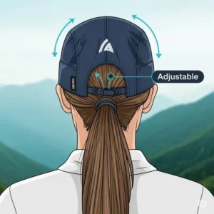 A rear-view illustration of a woman's head, focusing on the back of her hiking cap. The image clearly shows an adjustable toggle or strap, demonstrating how to achieve a secure and comfortable fit with a hiking cap for women.