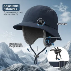 An illustration highlighting the adjustable features of a mountaineering hat, such as a chin strap and a toggle at the back, to ensure a secure and comfortable fit in windy conditions.