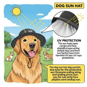 An informative illustration highlighting the benefits of a dog sun hat, showing how it provides UV protection for a dog's eyes and face on a sunny day.