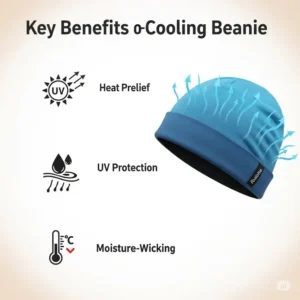 An infographic highlighting the key benefits of using a cooling beanie, including heat relief, UV protection, and moisture-wicking properties.