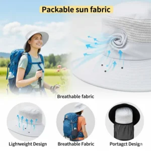Illustration highlighting the breathable fabric of a packable sun hat, ensuring comfort in warm weather.
