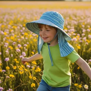 Image of a child happily playing outdoors, wearing a fun hat with a neck cover for added sun safety.