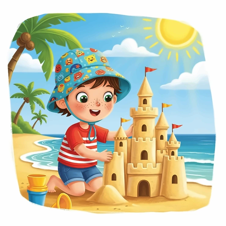 A colorful illustration of a child wearing a playful, patterned water hat with a chin strap while building a sandcastle, highlighting sun safety for kids.