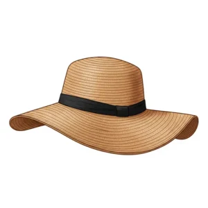 An illustration of a classic, woven straw floppy hat with a wide, gently waving brim and a simple black ribbon