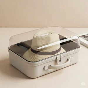 An innovative clear-top travel hat box, allowing for easy identification of the hat inside without opening the case, ideal for organized packers.