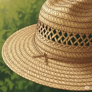 A detailed illustration showcasing the intricate weave of a natural straw gardening hat, highlighting its handcrafted texture and durability.