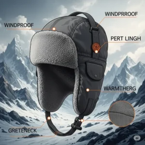 An illustration of a fleece-lined, windproof mountaineering hat with ear flaps, designed to provide maximum warmth and protection in cold and blustery mountain environments.