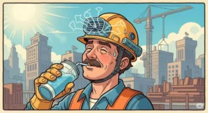 An illustration of a construction worker on a sunny day comfortably wearing a cooling hard hat, showcasing the prevention of heat stress on a job site.