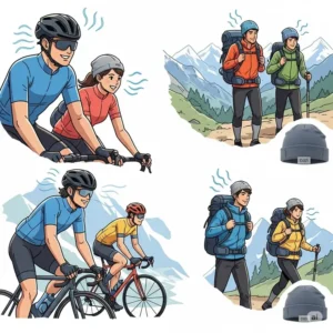 An illustration of athletes in various sports, such as cycling and hiking, comfortably wearing cooling beanies to enhance their performance.
