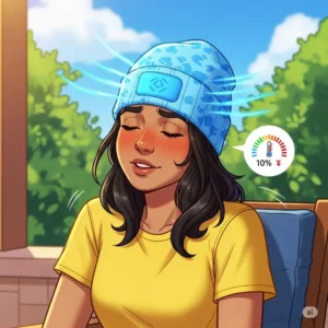 An illustrated character wearing a cooling beanie and finding relief from the hot summer sun, with a temperature gauge showing a decrease.