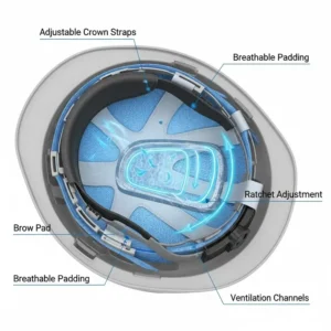 A cutaway view illustration of a cooling hard hat's interior, focusing on the padded, adjustable suspension system that ensures a secure and comfortable fit.