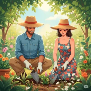 An illustration of a happy couple gardening side-by-side, both protected from the sun with stylish his-and-hers straw gardening hats.