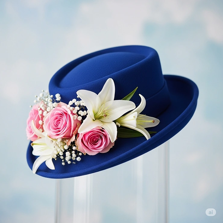 Artistic rendering of a sophisticated small derby hat adorned with flowers, ideal for ladies attending race days or formal gatherings.