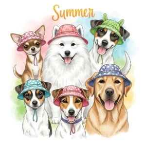A charming illustration featuring various dog breeds, from a small Chihuahua to a large Labrador, all happily wearing different types of dog sun hats.