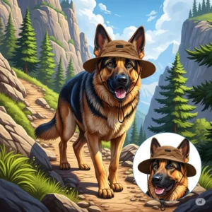 An adventurous illustration of a dog wearing a durable dog sun hat with an adjustable strap while hiking on a mountain trail, emphasizing outdoor sun safety.