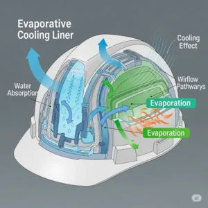 Diagram demonstrating an evaporative cooling liner for a hard hat, showing how water is absorbed and then evaporates to create a cooling effect on the wearer's head.