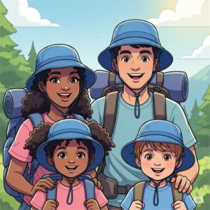 Illustrated family enjoying an outdoor activity, all wearing matching packable sun hats for sun safety.