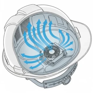 An illustration detailing the features of a fan-powered cooling hard hat, highlighting the small, built-in fan that provides active air circulation.