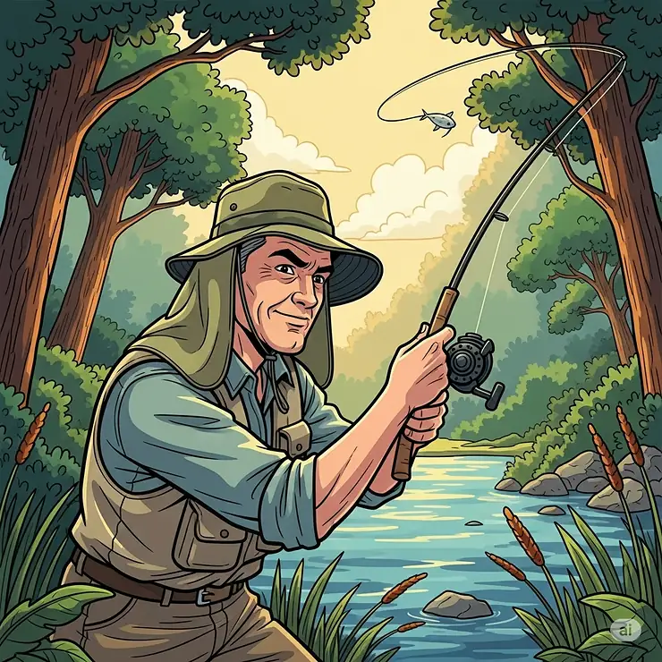 An illustration of a fisherman casting a line while wearing a khaki water hat with a neck flap, emphasizing sun protection for long hours of fishing.