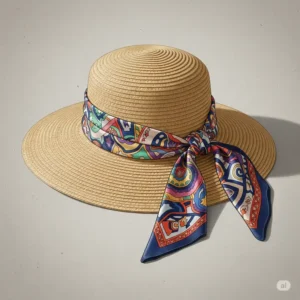 A detailed illustration of a straw floppy hat adorned with a colorful, patterned silk scarf tied around the crown