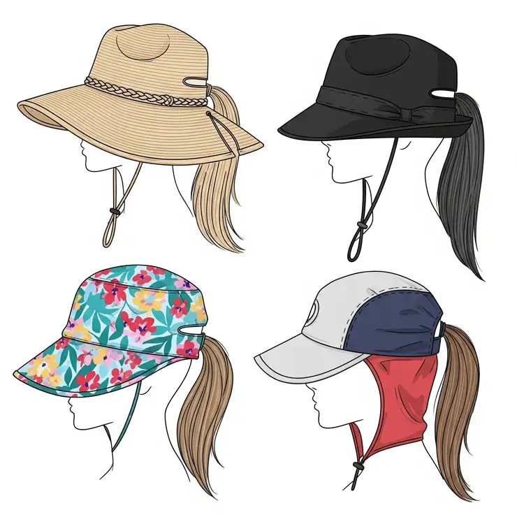 Illustration highlighting the foldable design and ponytail feature of a practical sun hat