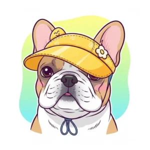 A cute illustration of a French Bulldog sporting a trendy visor-style dog sun hat, perfect for protecting its sensitive eyes from the sun.