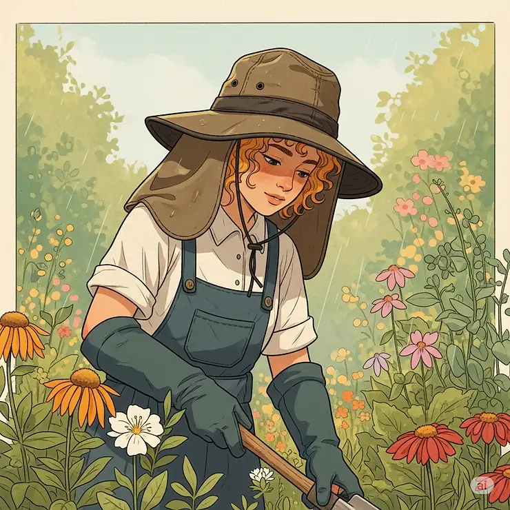 An illustration of a person gardening, protected from the sun and light showers by a durable, water-resistant garden hat, a practical type of water hat.