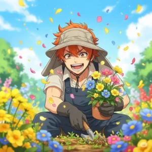 Illustrated character happily gardening while wearing a protective packable sun hat.