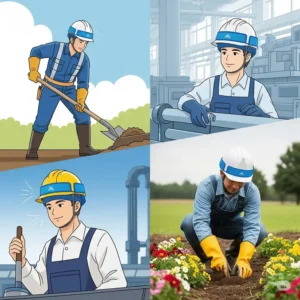 A collage of workers in construction, manufacturing, and other industries benefiting from the cooling relief of a hard hat cooling liner