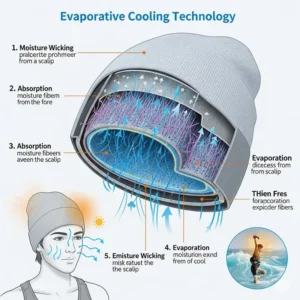 An illustration demonstrating the evaporative cooling technology inside a cooling beanie, showing moisture wicking away from the head.