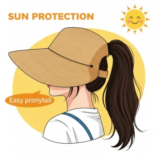 Simple illustration demonstrating how to pull a ponytail through the hole in a sun hat.