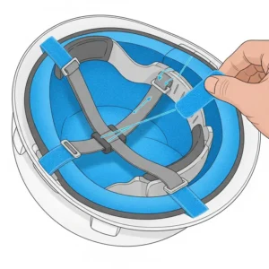 A close-up illustration showing the easy installation of a hard hat cooling liner with hook and loop straps onto a helmet's suspension