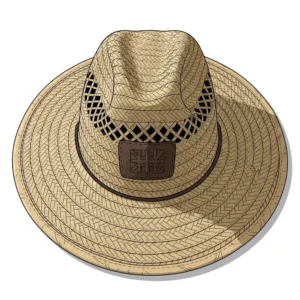 An illustration of a lifeguard-style straw gardening hat with a wide, structured brim and a woven patch, offering maximum sun protection for serious gardeners.