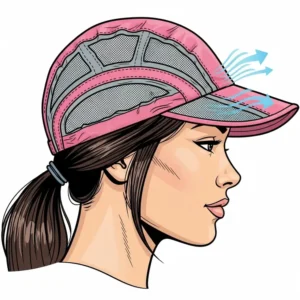 A close-up illustration of a woman's head in profile, wearing a pink and grey lightweight hiking cap. The illustration highlights the cap's mesh panels, emphasizing its breathable design for staying cool while hiking.