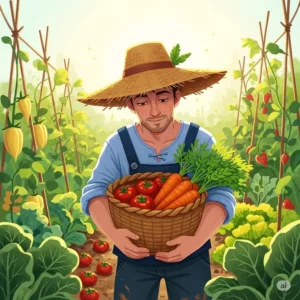 An illustration of a man in a vegetable patch, wearing a classic straw gardening hat and holding a basket of freshly harvested tomatoes and carrots.