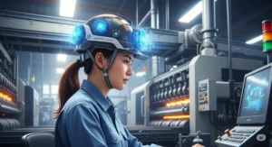 Illustration of a worker in a hot manufacturing facility wearing a cooling hard hat to maintain a safe body temperature and focus on their tasks.